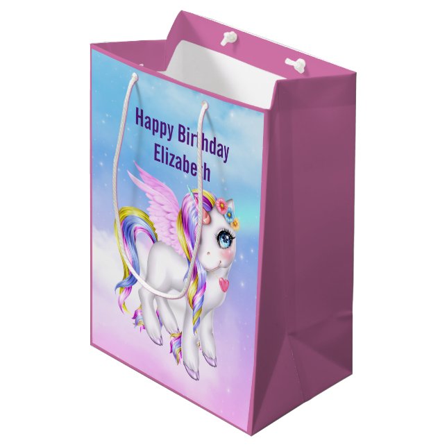 Bolsa De Regalo Mediana Hermoso unicornio con cumpleaños Rainbow Mane (Angulo Anverso)