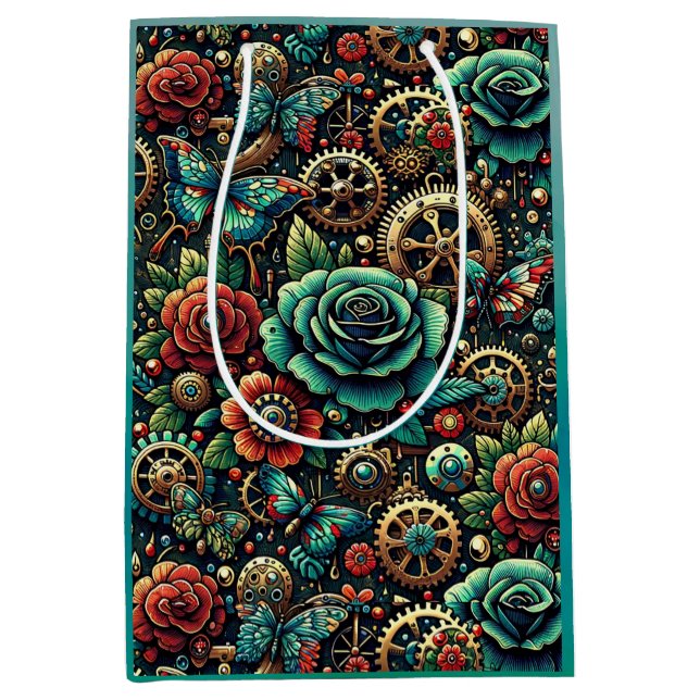 Bolsa De Regalo Mediana Hermosos engranajes y Rosas temáticos de Steampunk (Anverso)