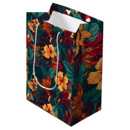 Bolsa De Regalo Mediana Hibiscus colorido, floral verde Naranja amarillo