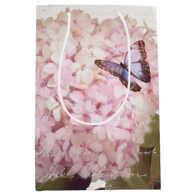 Bolsa De Regalo Mediana Hidrangea rosa Flor de mariposa floral arte (Anverso)