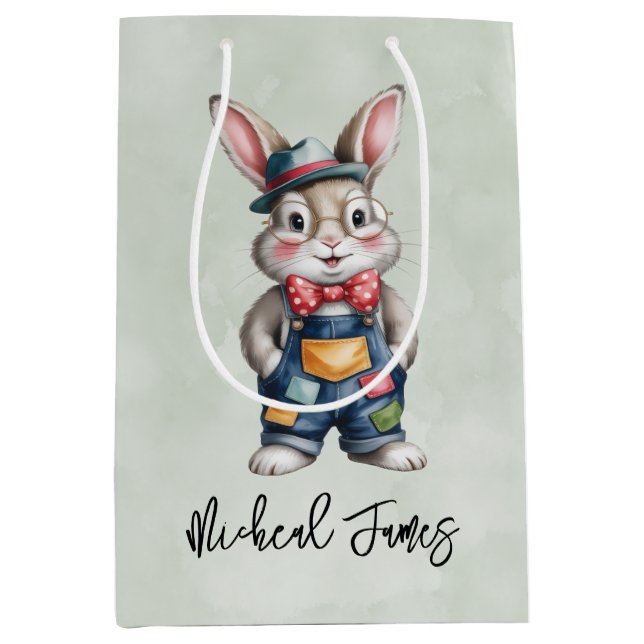 Bolsa De Regalo Mediana Hipster Bunny Boy Baby Shower (Anverso)