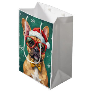 Bolsa De Regalo Mediana Hipster French Bulldog Santa Gafas Modernas 