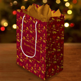 Bolsa De Regalo Mediana Hojas de acebo y patrón de follaje de bayas rojas 