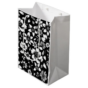 Bolsa De Regalo Mediana Hojas florales modernas en blanco y negro que sopl