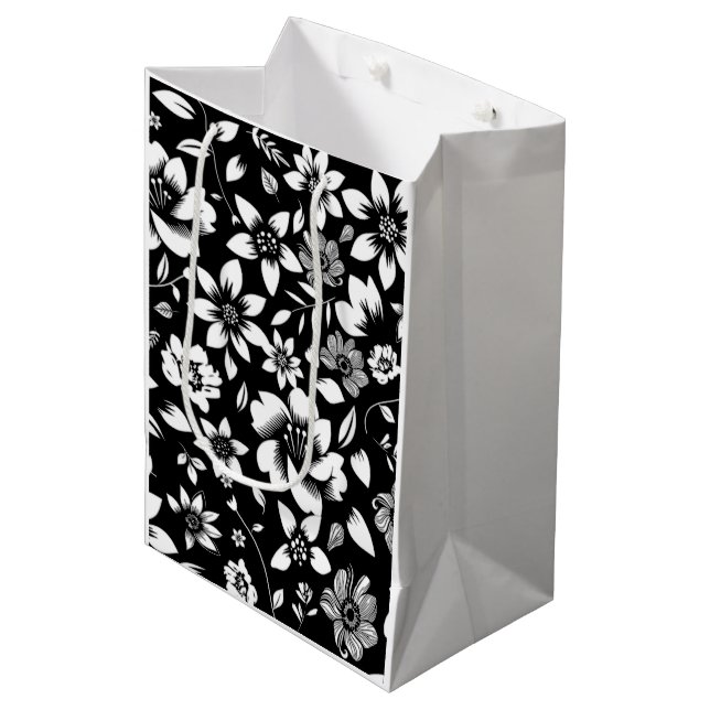 Bolsa De Regalo Mediana Hojas florales modernas en blanco y negro que sopl (Angulo Anverso)