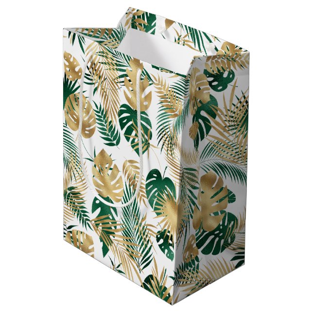 Bolsa De Regalo Mediana Hojas tropicales doradas y verdes (Angulo reverso)
