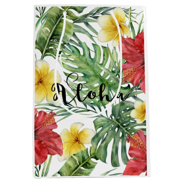 Bolsa De Regalo Mediana Hojas y Flores Botánicas Tropicales Floral Aloha (Anverso)