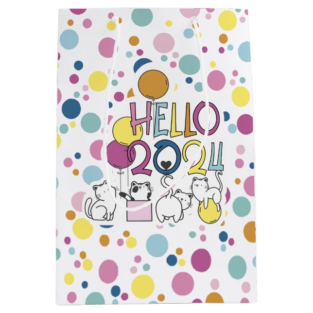 Bolsa De Regalo Mediana Hola Año Nuevo 2024 Con Gatos Jugadores (Anverso)