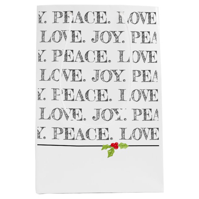 Bolsa De Regalo Mediana Holiday Peace Love Joy Navidades Holly Textos (Anverso)