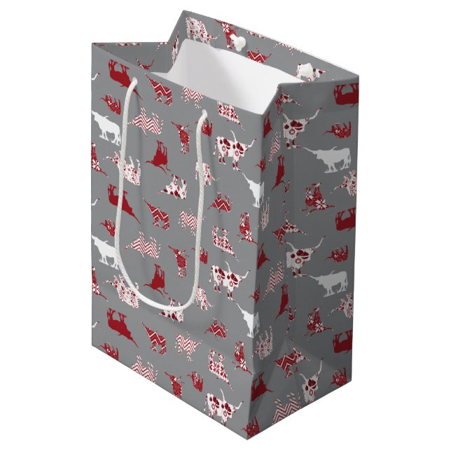 Bolsa De Regalo Mediana Holiday Red Patterned Longhorns Pattern (Angulo Anverso)