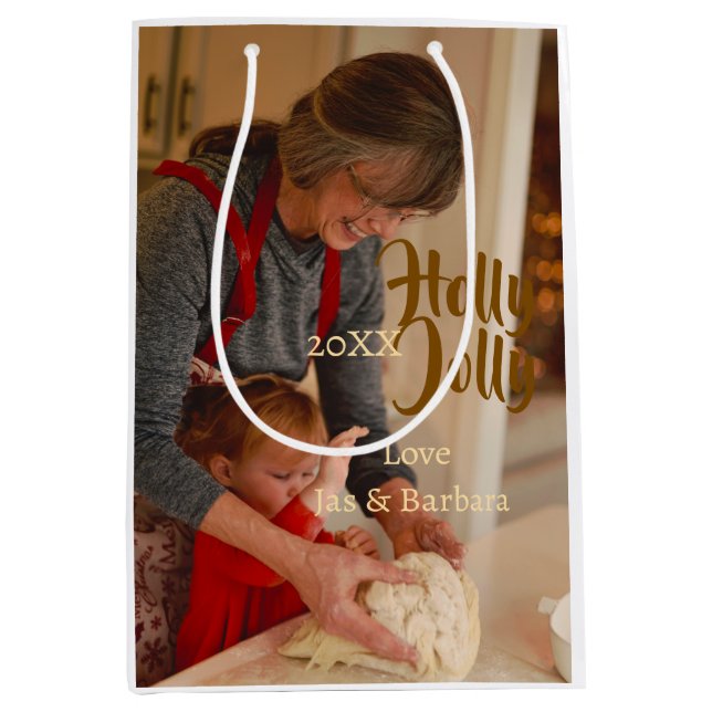 Bolsa De Regalo Mediana Holly Jolly family holiday photo beige year naboho (Anverso)