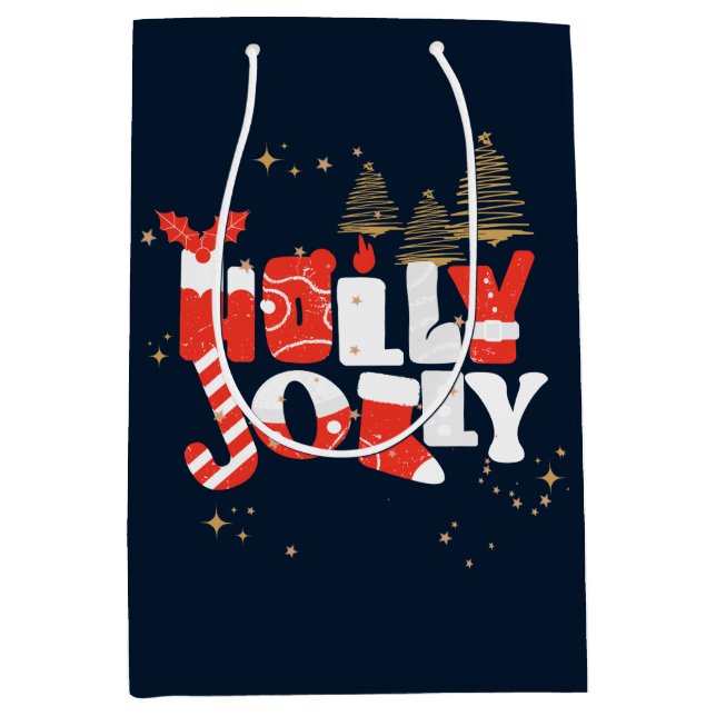 Bolsa De Regalo Mediana Holly Jolly Red White Gold Navidades Winter (Anverso)