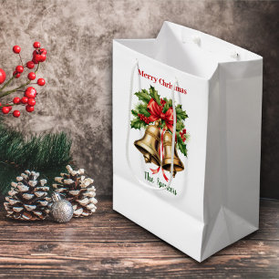 Bolsa De Regalo Mediana Holly Leaves y Berries Gold Bells Feliz Navidad