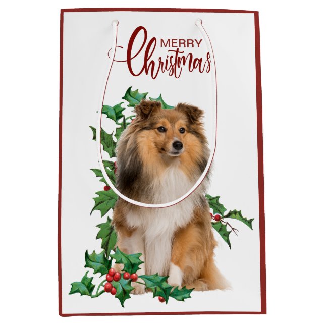 Bolsa De Regalo Mediana Holly Red Berry Shetland Sheepdog Christmas (Anverso)