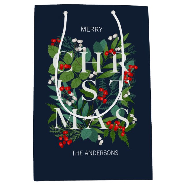 Bolsa De Regalo Mediana Holly Y Greenery Feliz Navidad (Anverso)