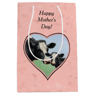 Bolsa De Regalo Mediana Holstein Cow y Calf Pink Heart