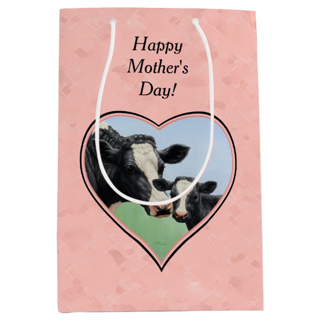 Bolsa De Regalo Mediana Holstein Cow y Calf Pink Heart (Anverso)