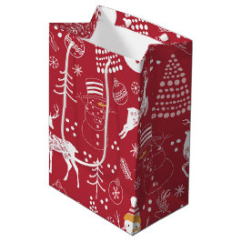 Bolsa De Regalo Mediana Hombre de nieve, Árbol de Navidad y ciervo, rojo d
