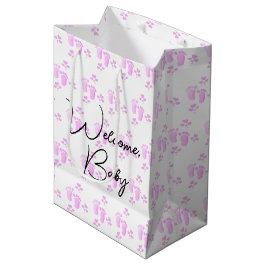 Bolsa De Regalo Mediana Huellas de bebé rosadas y corazones en blanco