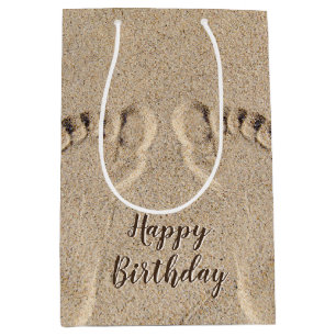 Bolsa De Regalo Mediana Huellas De Pies Desnudos De Cumpleaños En Arena