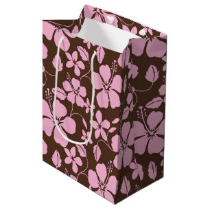 BOLSA DE REGALO MEDIANA HULA HAWAIANA (HIBISCO) MARRÓN/ROSA