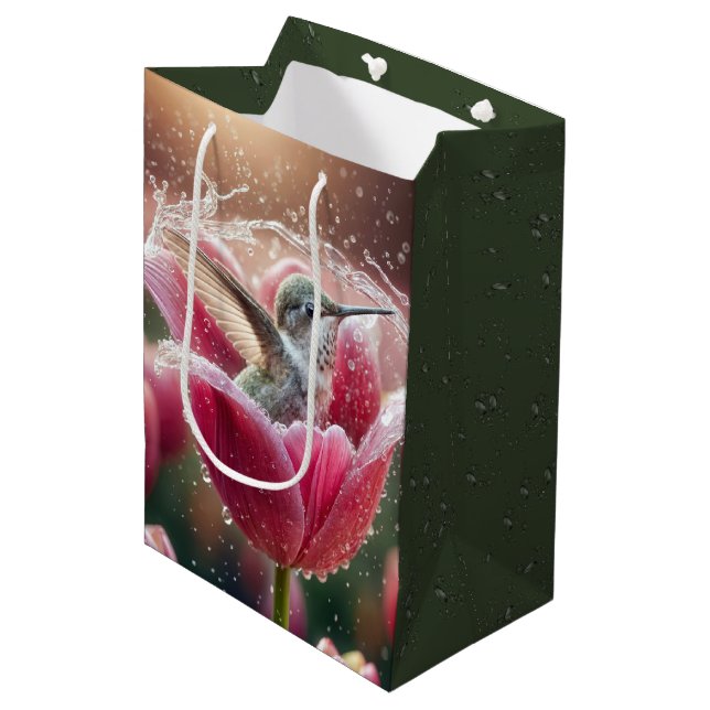 Bolsa De Regalo Mediana Hummingbird de cumpleaños en un tulipán (Angulo Anverso)