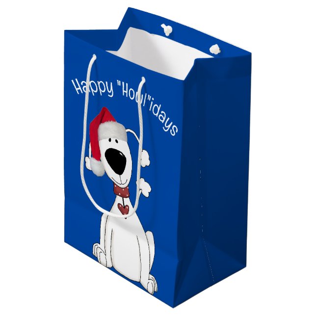 Bolsa De Regalo Mediana Humor De Perro De navidad Sobre Azul (Angulo Anverso)