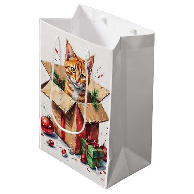 Bolsa De Regalo Mediana I Help Unpack! Funny Cat in Christmas Shipping Box (Angulo Anverso)