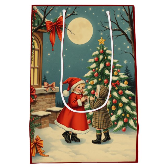 Bolsa De Regalo Mediana Ilustracion navideño vintage (Reverso)