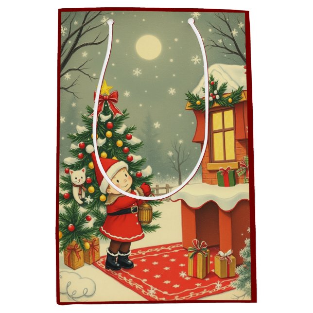 Bolsa De Regalo Mediana Ilustracion navideño vintage (Anverso)