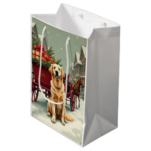 Bolsa De Regalo Mediana Ilustración vintage de Golden Retriever en un carr