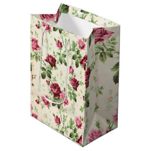 Bolsa De Regalo Mediana Ilustracion vintage de rosas sobre base neutra