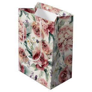 Bolsa De Regalo Mediana Impresión botánica extragrande Rosas rosadas Peoní