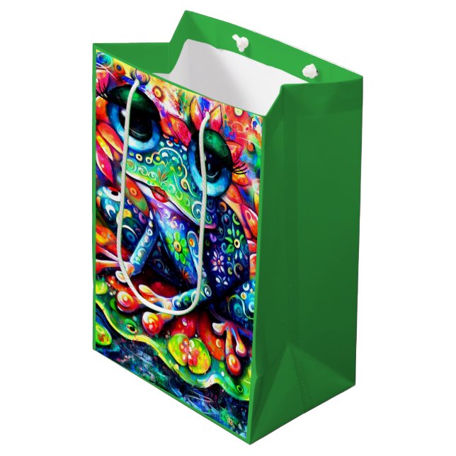 Bolsa De Regalo Mediana Impresionante Impresionista sapo Floral Verde Azul (Angulo Anverso)