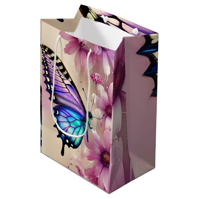 Bolsa De Regalo Mediana Impresionante mariposa azul y flores rosadas (Angulo Anverso)