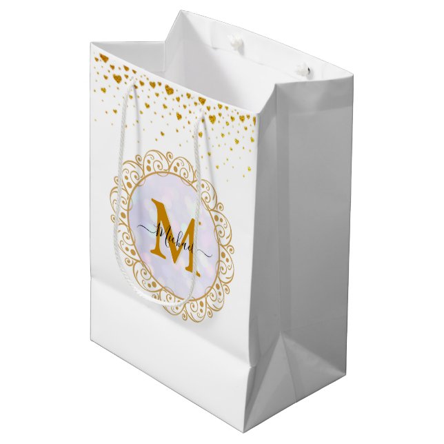 Bolsa De Regalo Mediana Inicial y nombre elegantes con brillo dorado (Angulo Anverso)