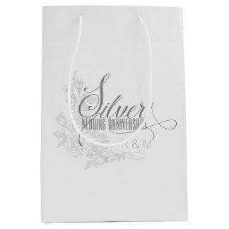 Bolsa De Regalo Mediana Iniciales del 25° Aniversario de Plata y rosas bla