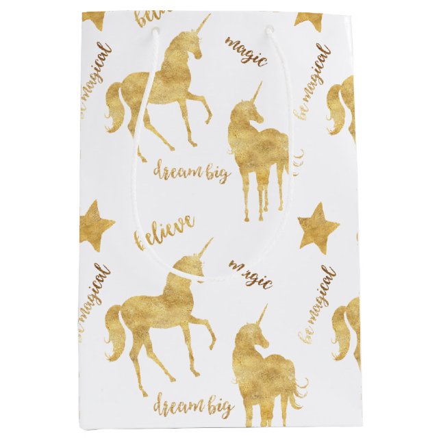 Bolsa De Regalo Mediana Inspirational Gold Unicorns Stars     (Anverso)