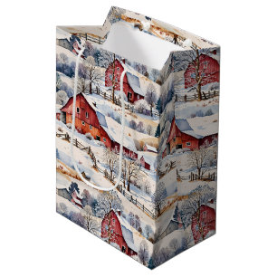 Bolsa De Regalo Mediana Invierno de granero rojo en la granja