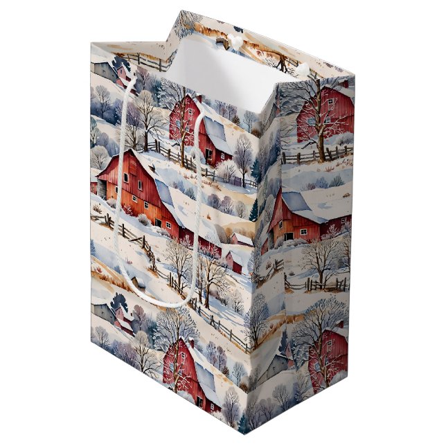 Bolsa De Regalo Mediana Invierno de granero rojo en la granja (Angulo Anverso)