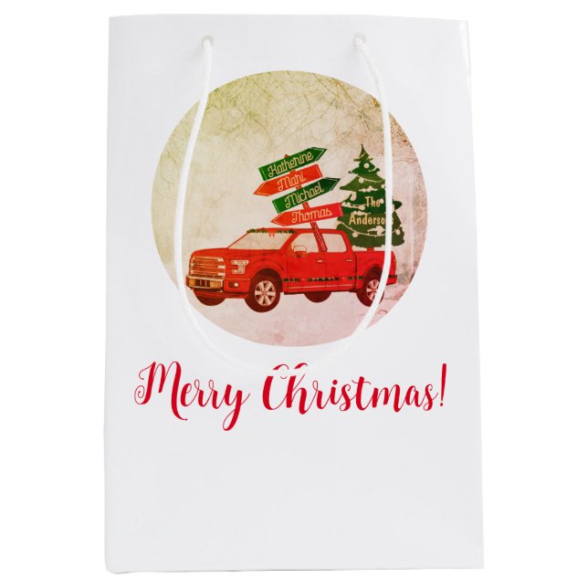 Bolsa De Regalo Mediana Invierno Red Truck Tree Family Feliz Navidad (Anverso)