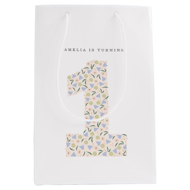 Bolsa De Regalo Mediana Invitación de floral de primer cumpleaños (Anverso)