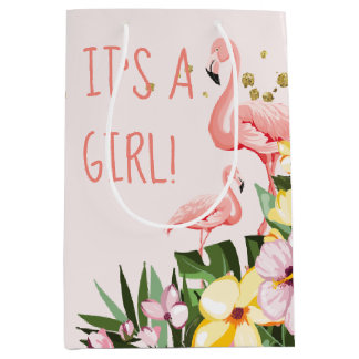 Bolsa De Regalo Mediana It's a Girl! Flamingo rosa de oro floral tropical