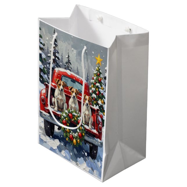 Bolsa De Regalo Mediana Jack Russell Terrier Christmas Red Truck Holiday (Angulo Anverso)