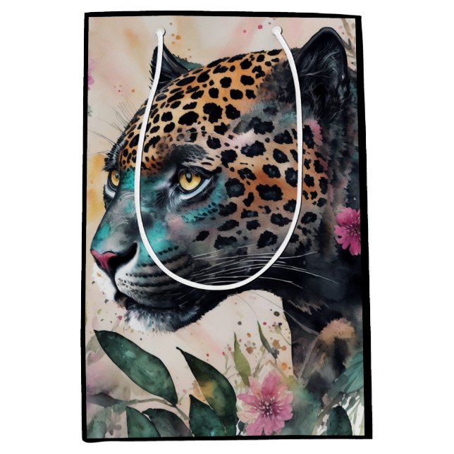 Bolsa De Regalo Mediana Jaguar Watercolor Floral Art (Anverso)