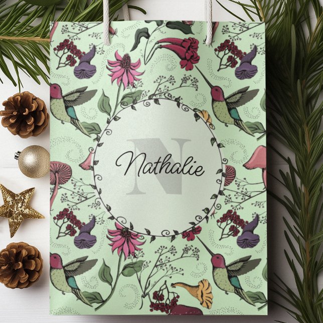 Bolsa De Regalo Mediana Jardín de primavera verde encantado Hummingbird Fl (Personalized Enchanted Spring Garden Hummingbird wrapping paper, with custom Monogram and Name :)))