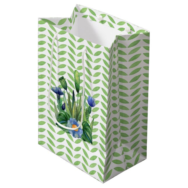 Bolsa De Regalo Mediana Jardín Floral Azul Y Verde (Angulo Anverso)
