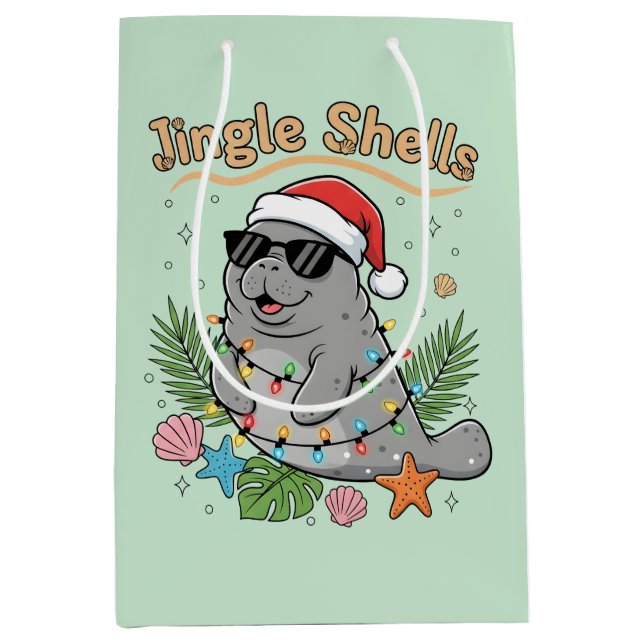 Bolsa De Regalo Mediana Jingle Shells Tropical Santa Manatee Christmas (Anverso)