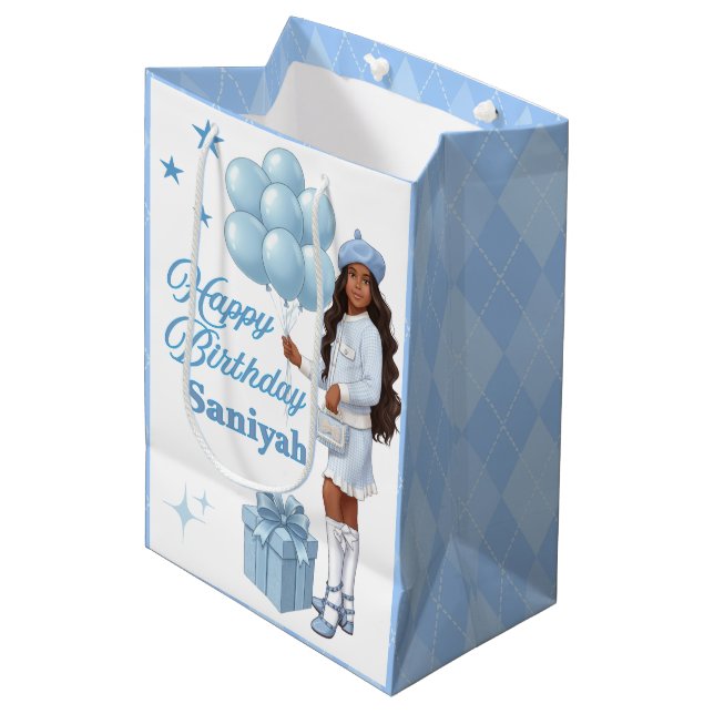 Bolsa De Regalo Mediana Joven Chica Moda Estilo Azul Deseos de Cumpleaños (Angulo Anverso)