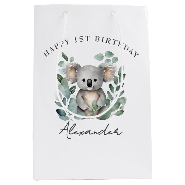 Bolsa De Regalo Mediana Koala Bear Boys Fiesta de primer cumpleaños (Anverso)